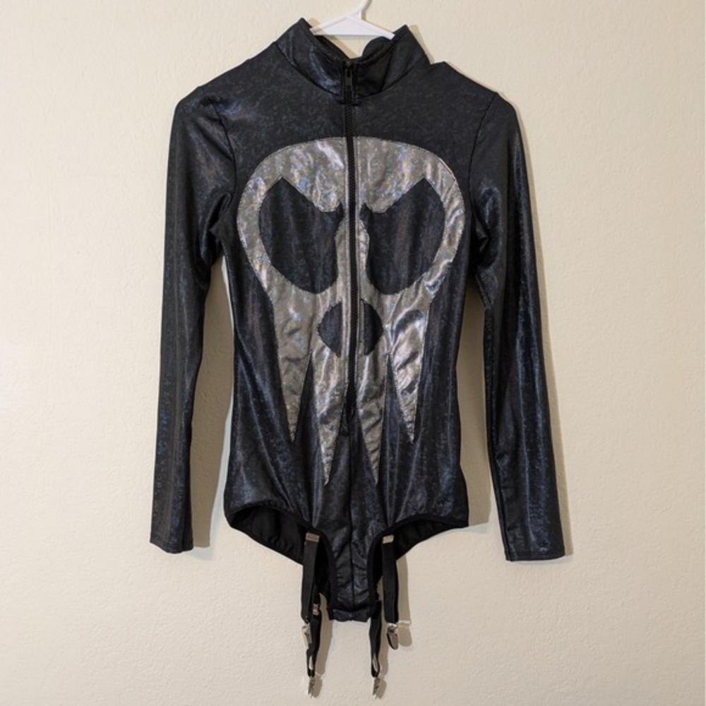 New Leg Avenue Skull Garter Bodysuit Shimmer Iridescent Black Hustler Sz S 86679